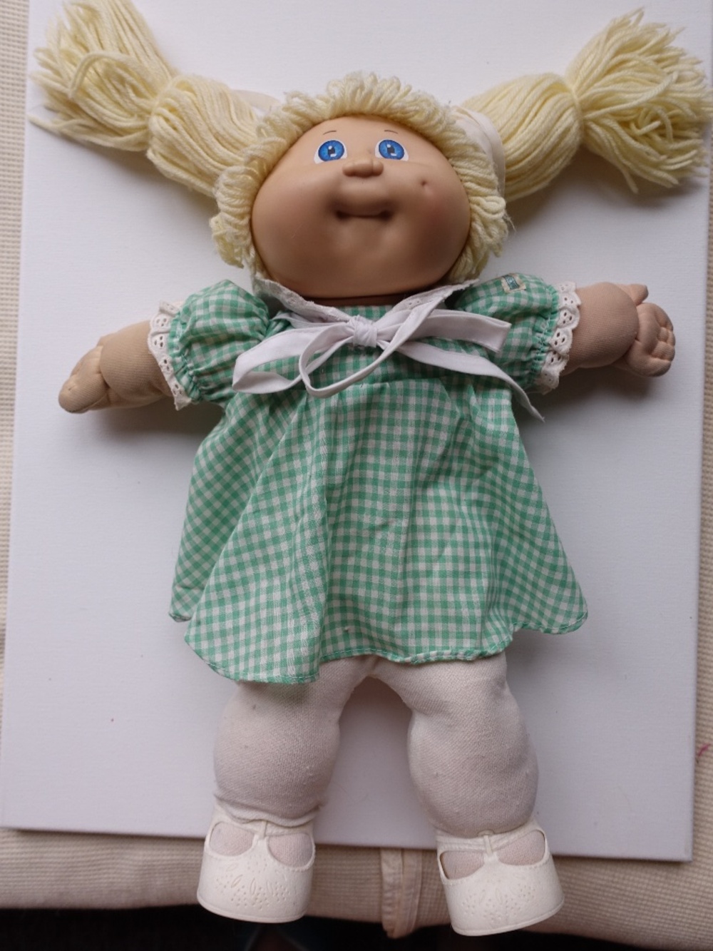 Vintage 1982 Coleco Cabbage Patch Kids Doll Blonde Pigtails Green Check Dress